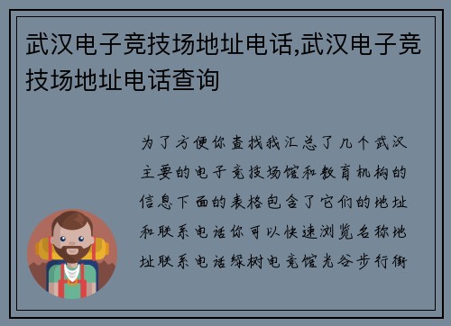 武汉电子竞技场地址电话,武汉电子竞技场地址电话查询